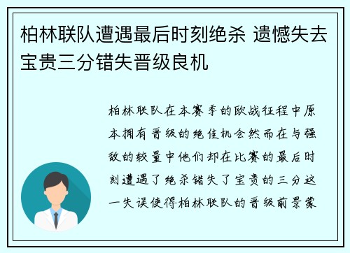 柏林联队遭遇最后时刻绝杀 遗憾失去宝贵三分错失晋级良机