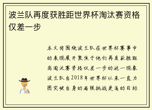 波兰队再度获胜距世界杯淘汰赛资格仅差一步