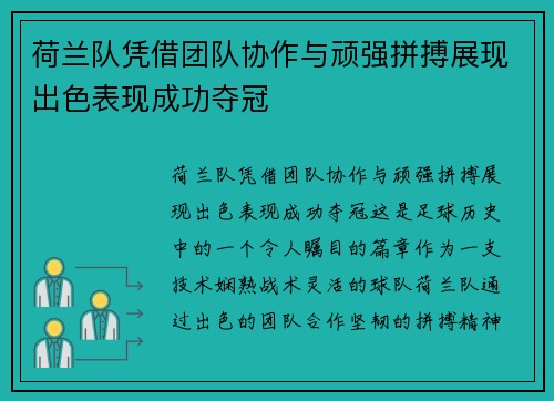 荷兰队凭借团队协作与顽强拼搏展现出色表现成功夺冠