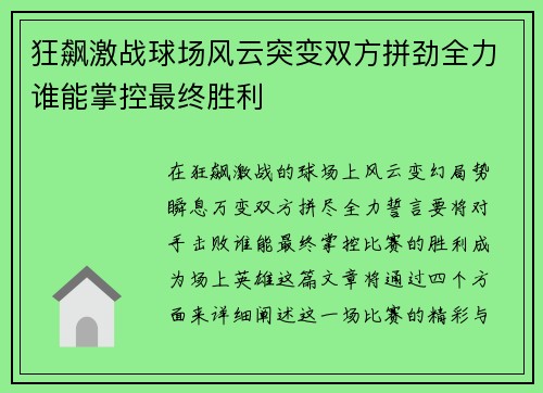 狂飙激战球场风云突变双方拼劲全力谁能掌控最终胜利