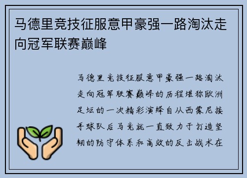 马德里竞技征服意甲豪强一路淘汰走向冠军联赛巅峰