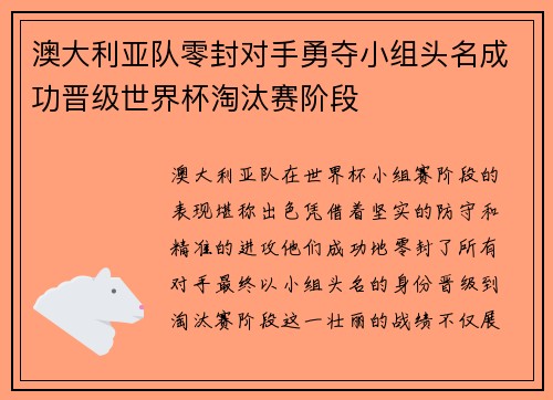 澳大利亚队零封对手勇夺小组头名成功晋级世界杯淘汰赛阶段