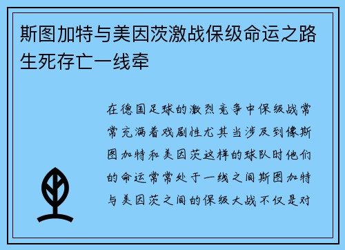 斯图加特与美因茨激战保级命运之路生死存亡一线牵